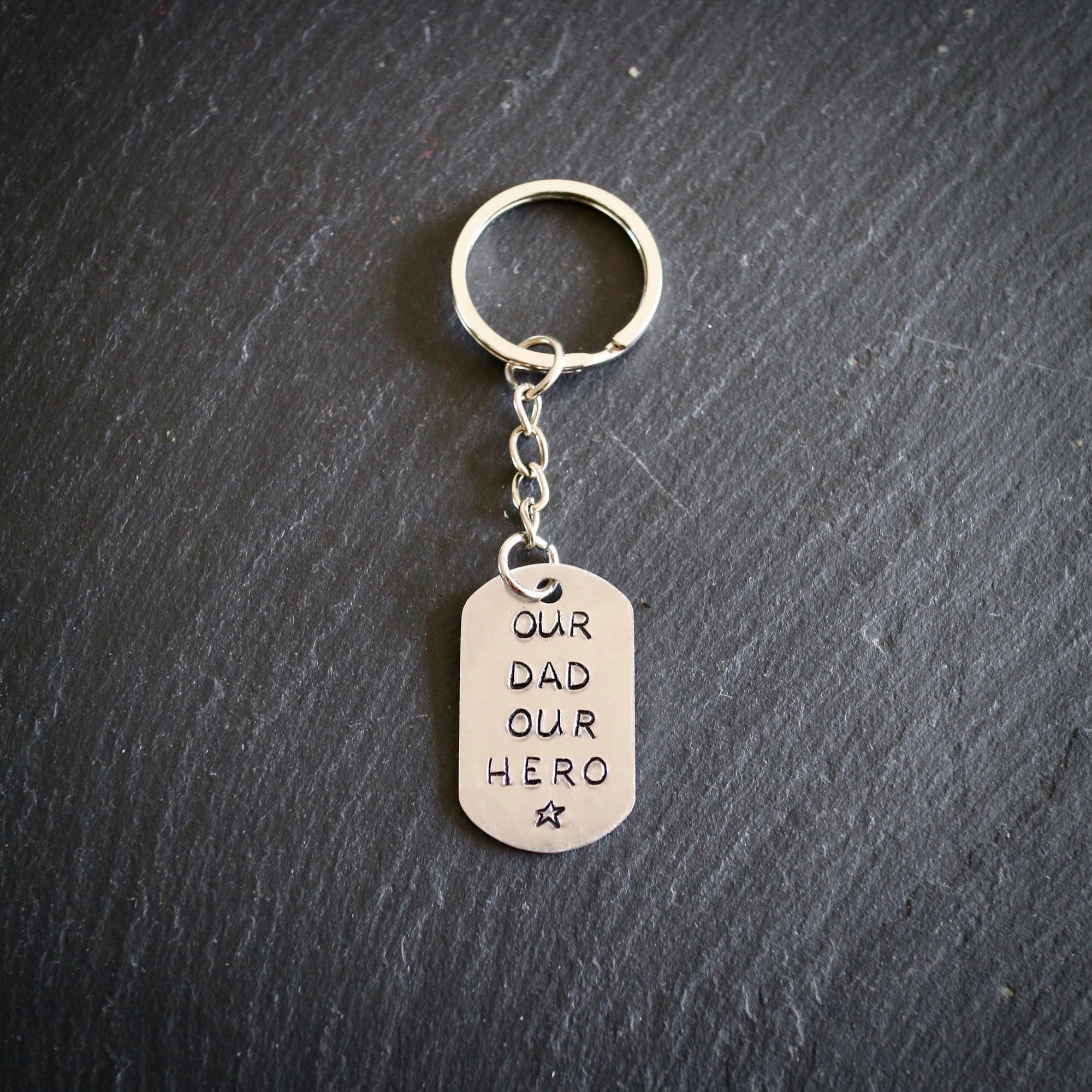 Hand Stamped Our Dad, Our Hero Keyring