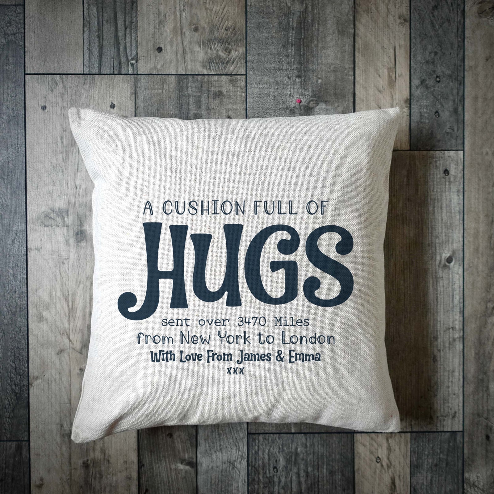 Personalised 'A Cushion Full Of Hugs' Linen Cushion Cover – Custom Long Distance Gift