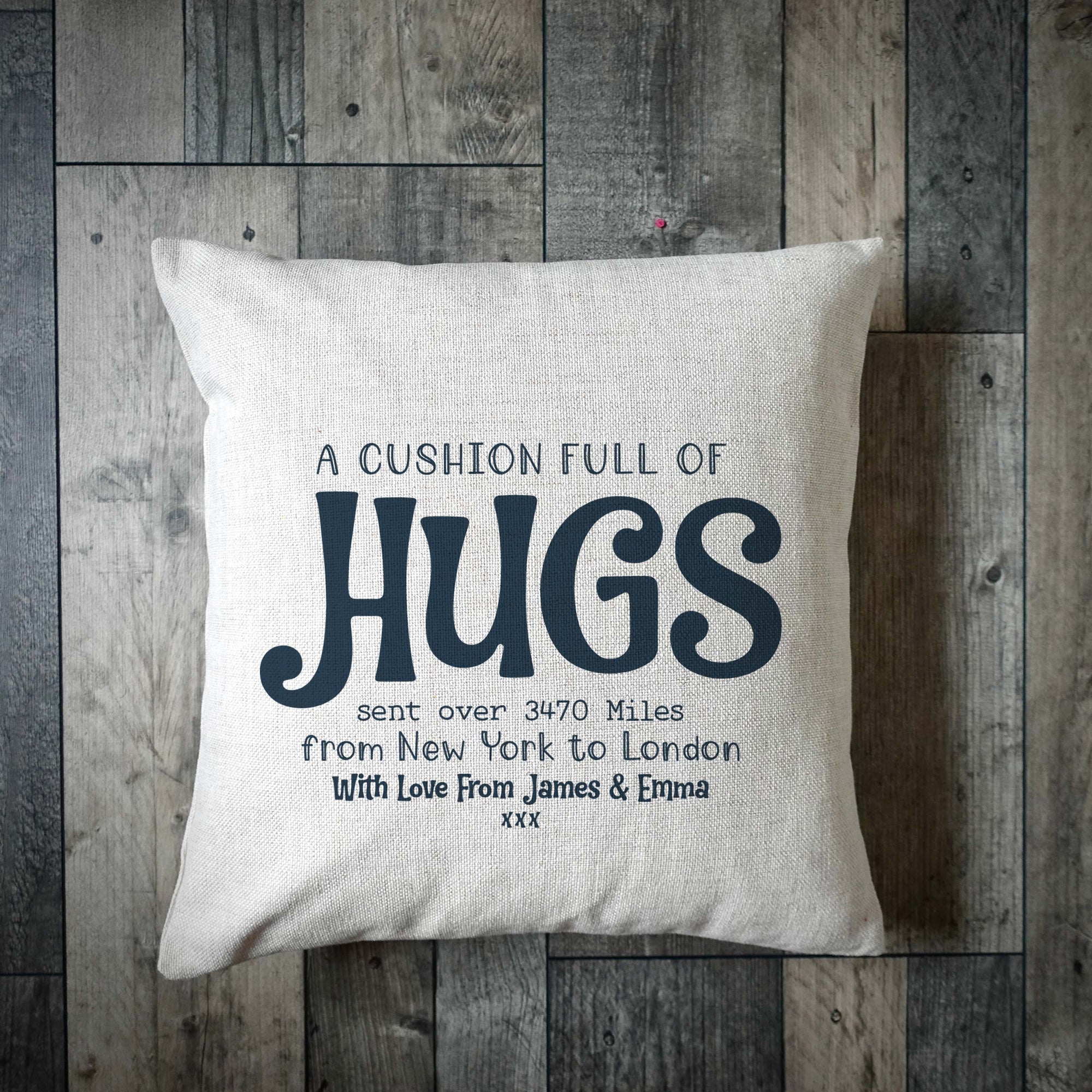 Personalised 'A Cushion Full Of Hugs' Linen Cushion Cover – Custom Long Distance Gift