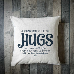 Personalised 'A Cushion Full Of Hugs' Linen Cushion Cover – Custom Long Distance Gift