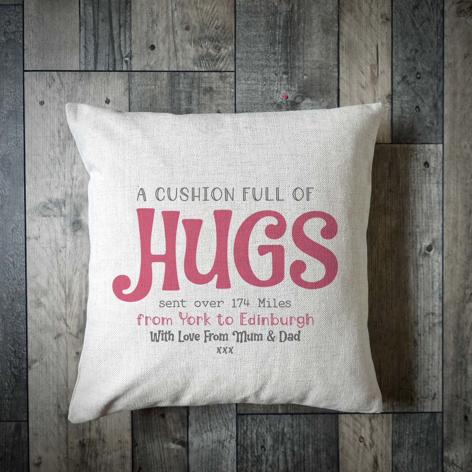 Personalised 'A Cushion Full Of Hugs' Linen Cushion Cover – Custom Long Distance Gift