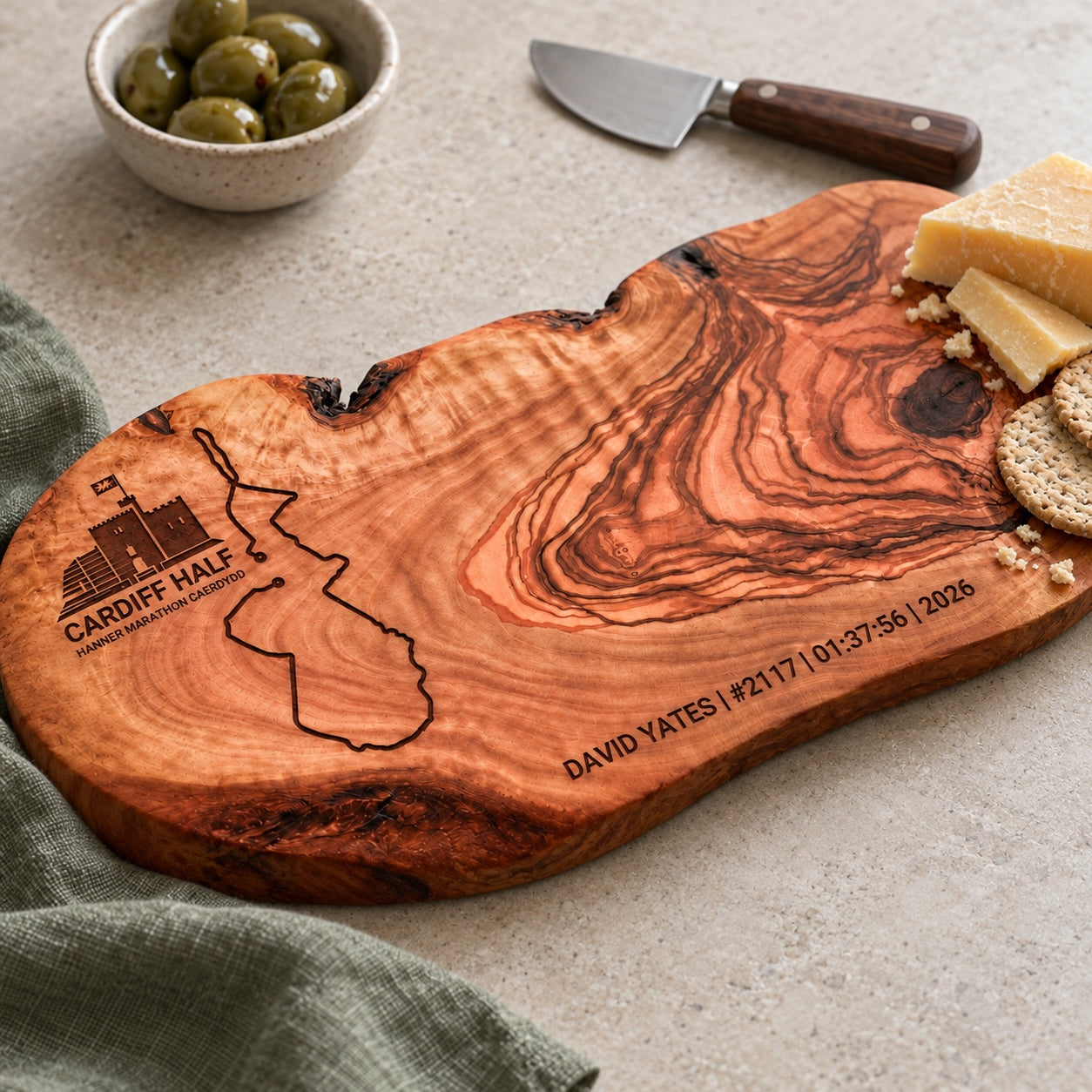 Personalised Cardiff Half Marathon Olive Wood Grazing / Chopping Board – Official Product