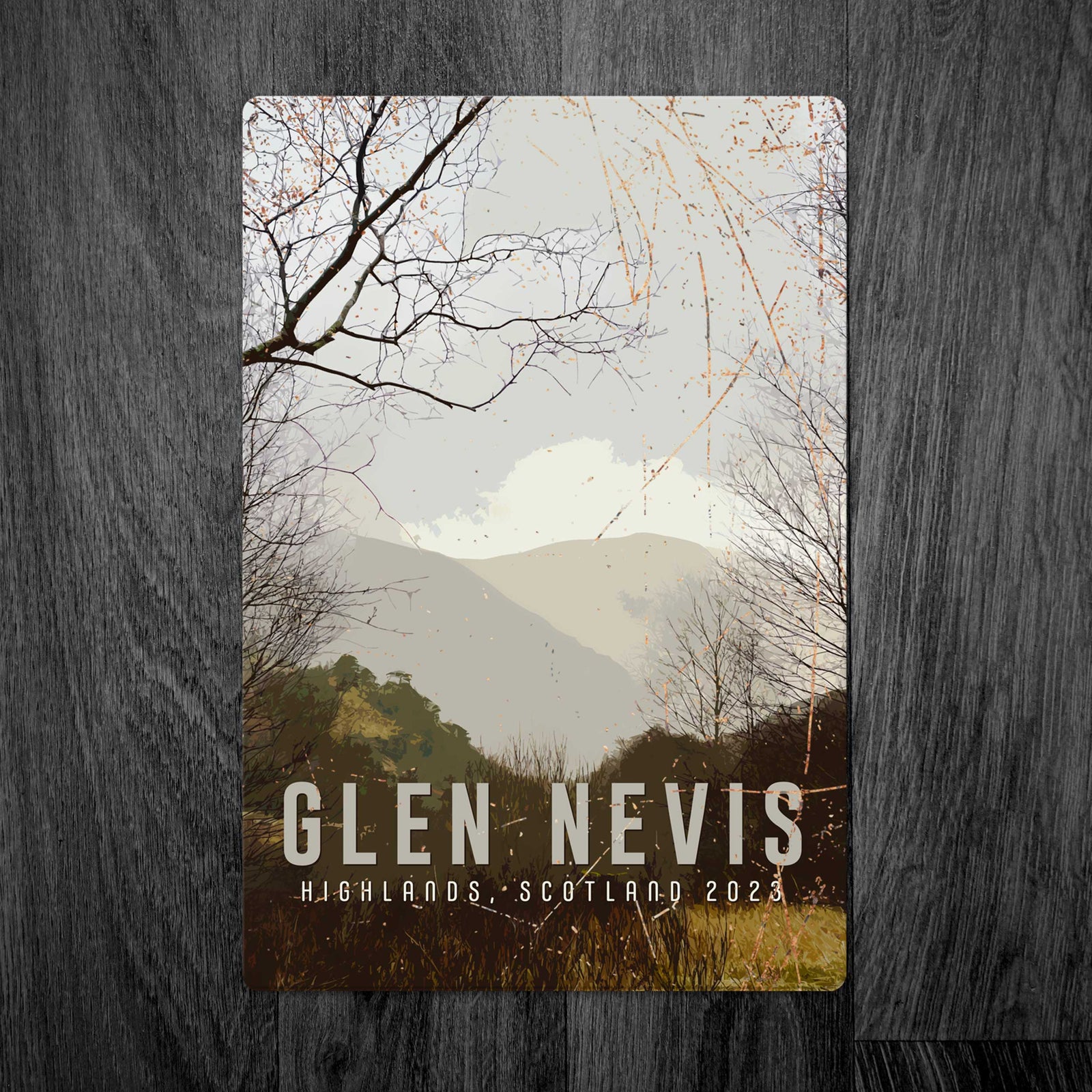 Personalised Glen Nevis Valley Metal Sign: A Rain-Kissed View from Steall Waterfalls Walk