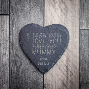 Personalised I Love You Mummy Heart Shaped Slate Coaster