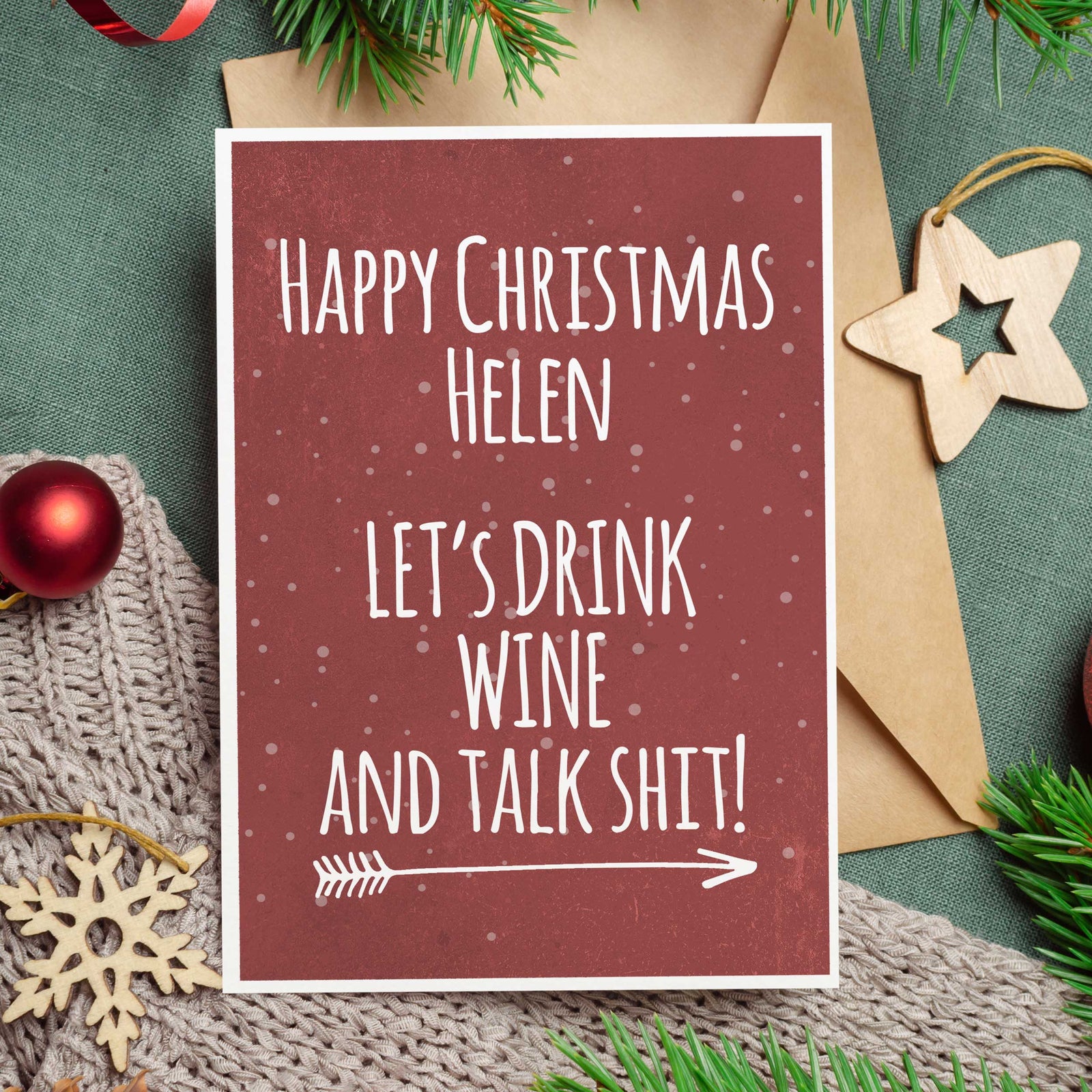 Personalised Let's Drink Wine And Talk Shit Christmas Card