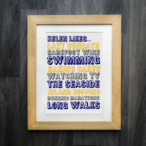 Letterpress Style Personalised Likes or Loves Print: A Unique and Fashionable Gift for Special Occasions