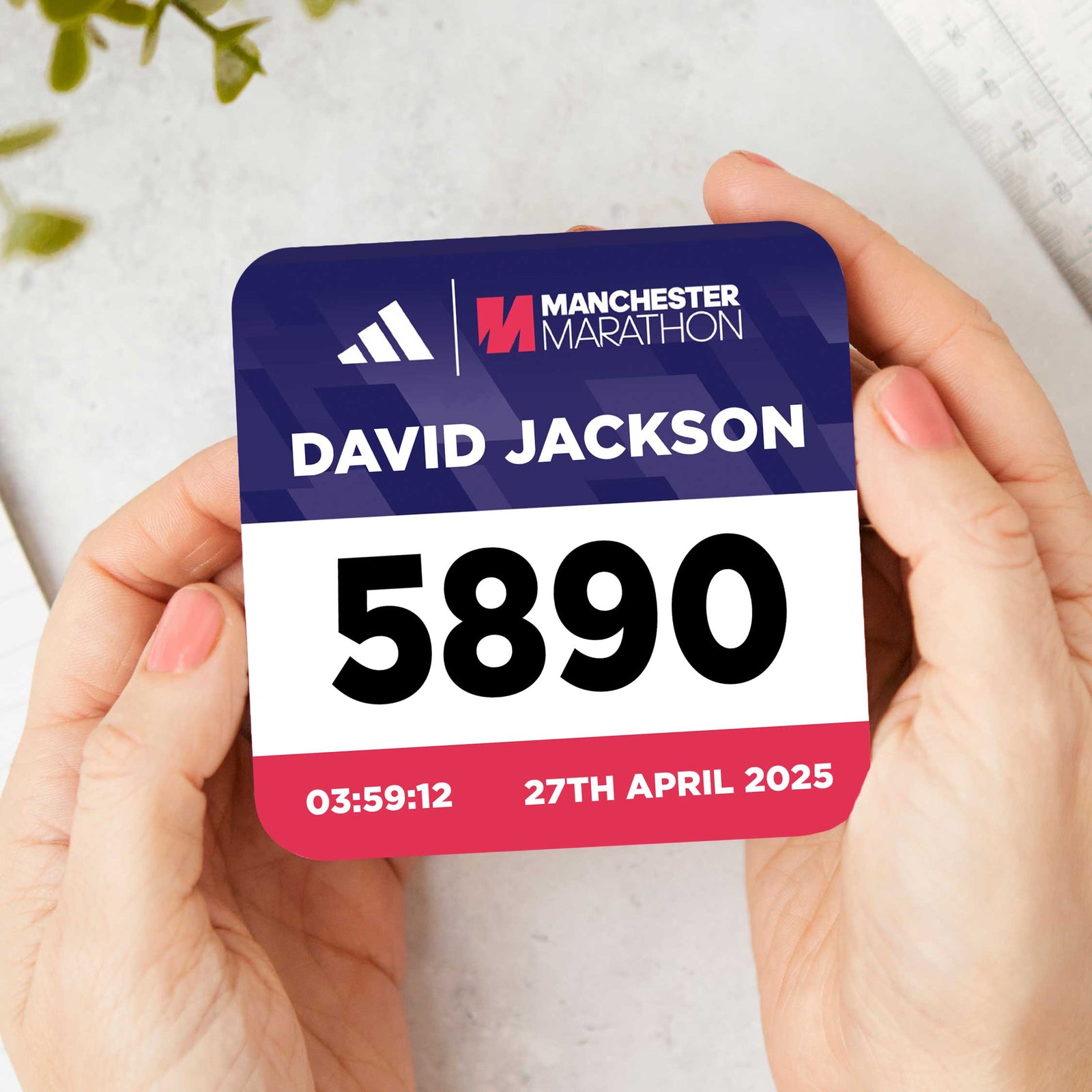 Personalised Manchester Marathon Race Bib Coaster 2025
