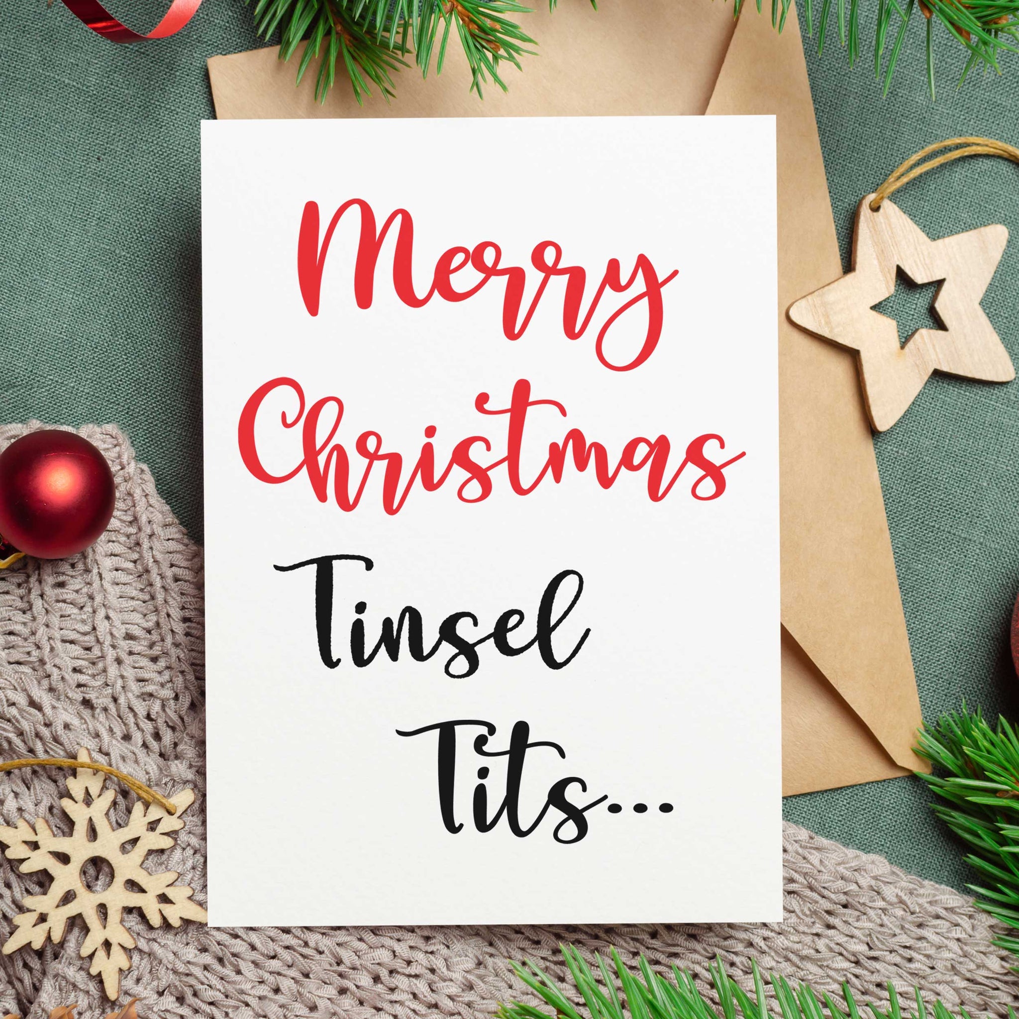 EllieBeanPrints Merry Christmas Tinsel Tits Rude Christmas Card merry christmas tinsel tits adult funny christmas card