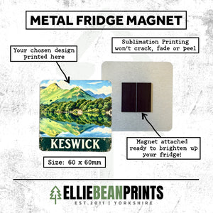 A metal fridge magnet product graphic with a sample scenic print reading 'KESWICK' and explanatory text about sublimation printing and size 60 x 60mm. Brand 'ELLIEBEANPRINTS' appears at the bottom.