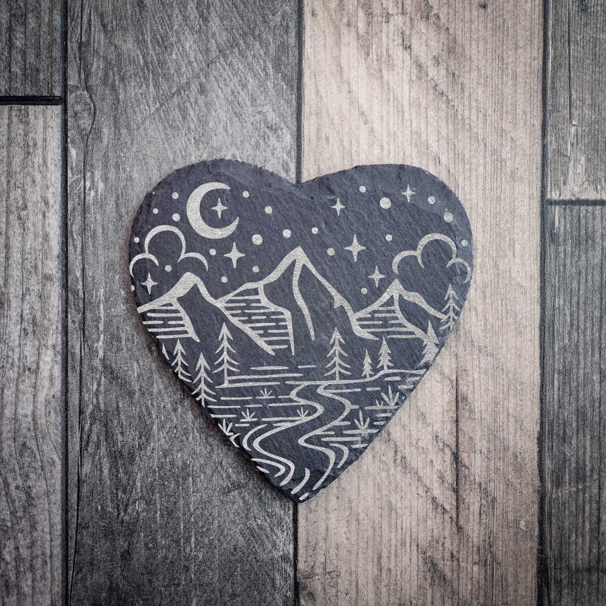 Mountain Moon Heart Shaped Riven Slate Coaster
