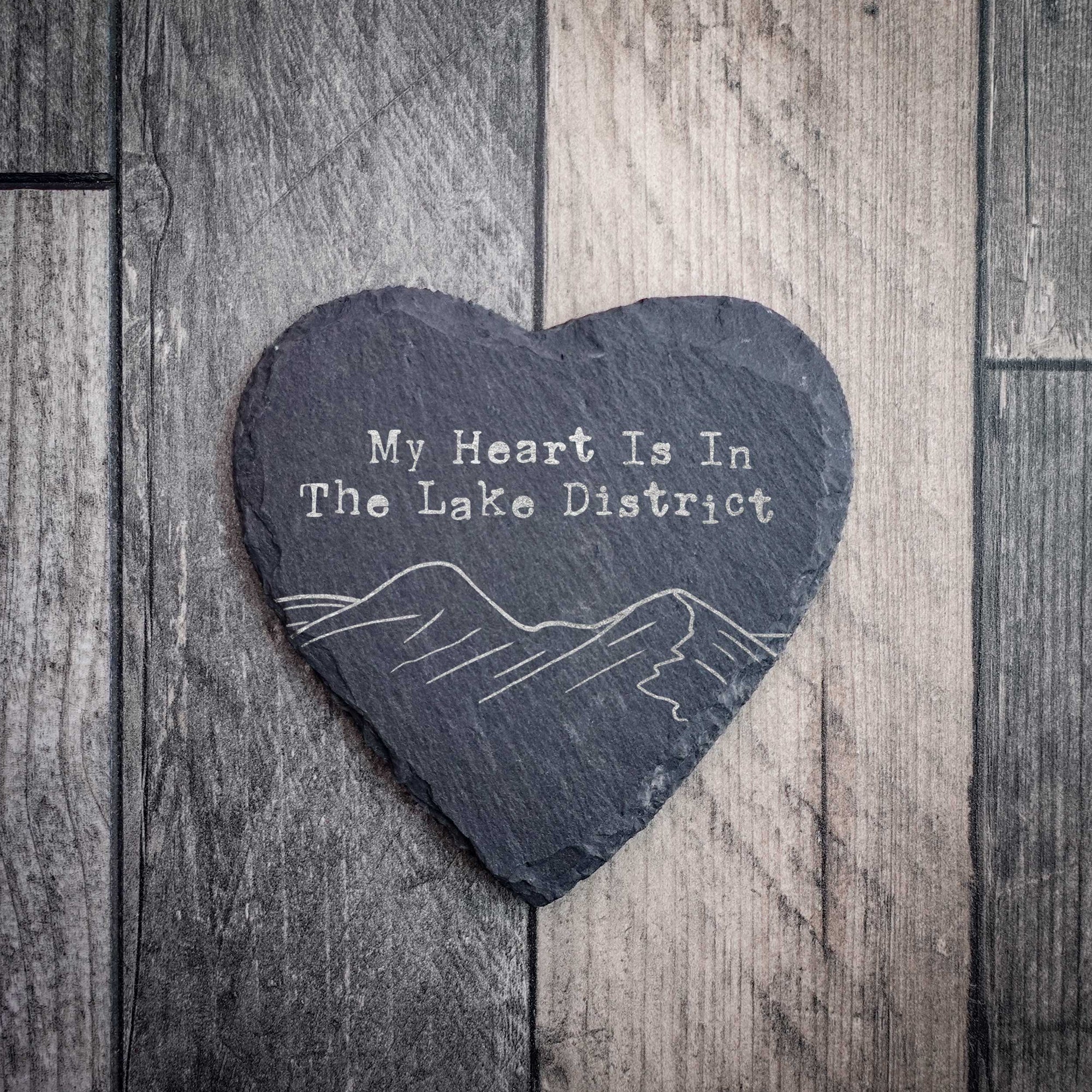 My Heart Is In The Lake District Heart Shaped Slate Coaster