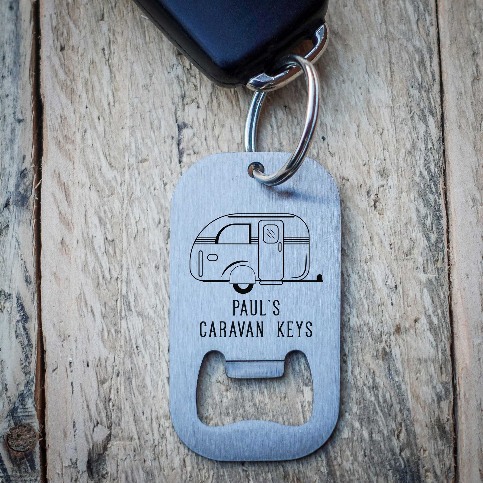 Personalised Line Art Caravan Stainless Steel Bottle Opener