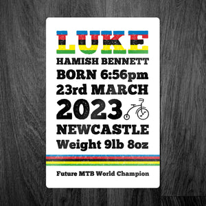 Personalised Future Cycling World Champion Birth Details Metal Sign