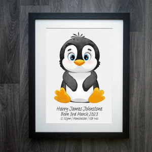 Cute Penguin Personalised Birth Details Print | Custom Baby Art