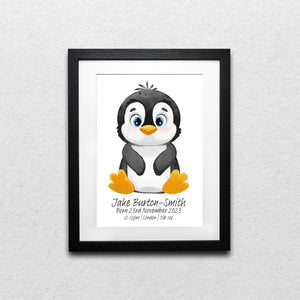Cute Penguin Personalised Birth Details Print | Custom Baby Art