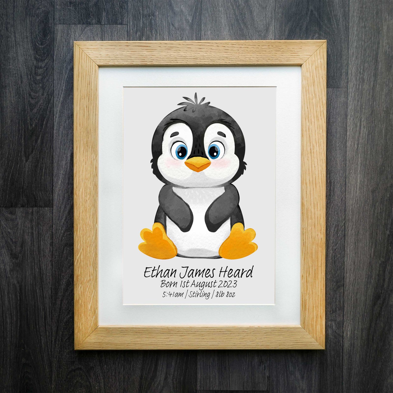 Cute Penguin Personalised Birth Details Print | Custom Baby Art