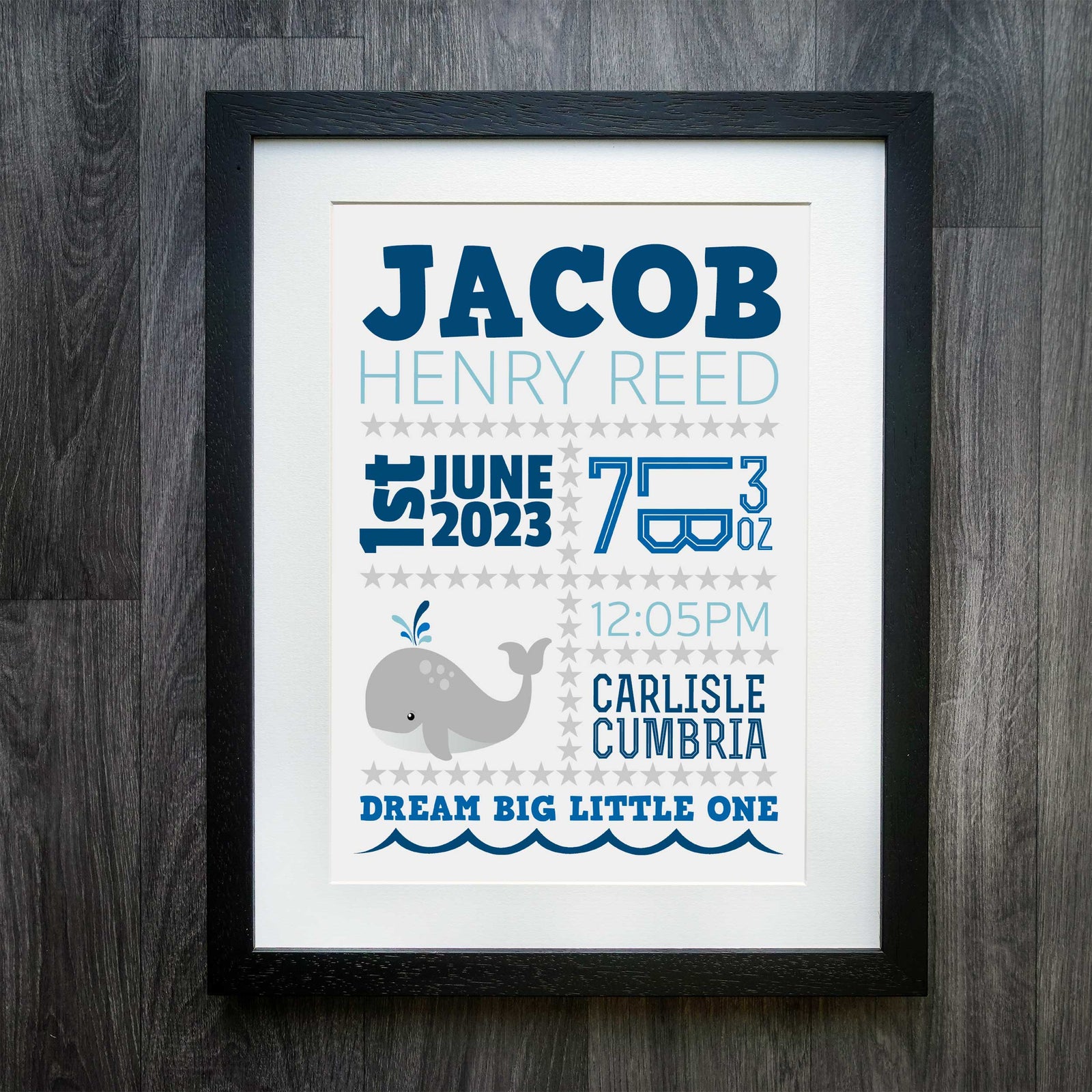 Vibrant Personalised Baby Whale Birth Details Print