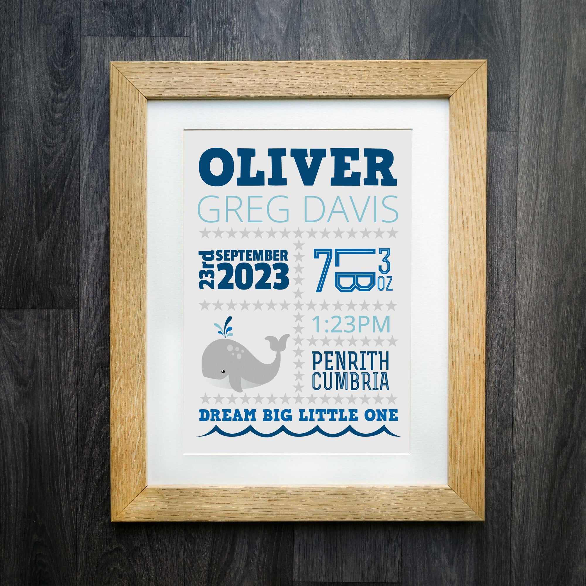 Vibrant Personalised Baby Whale Birth Details Print