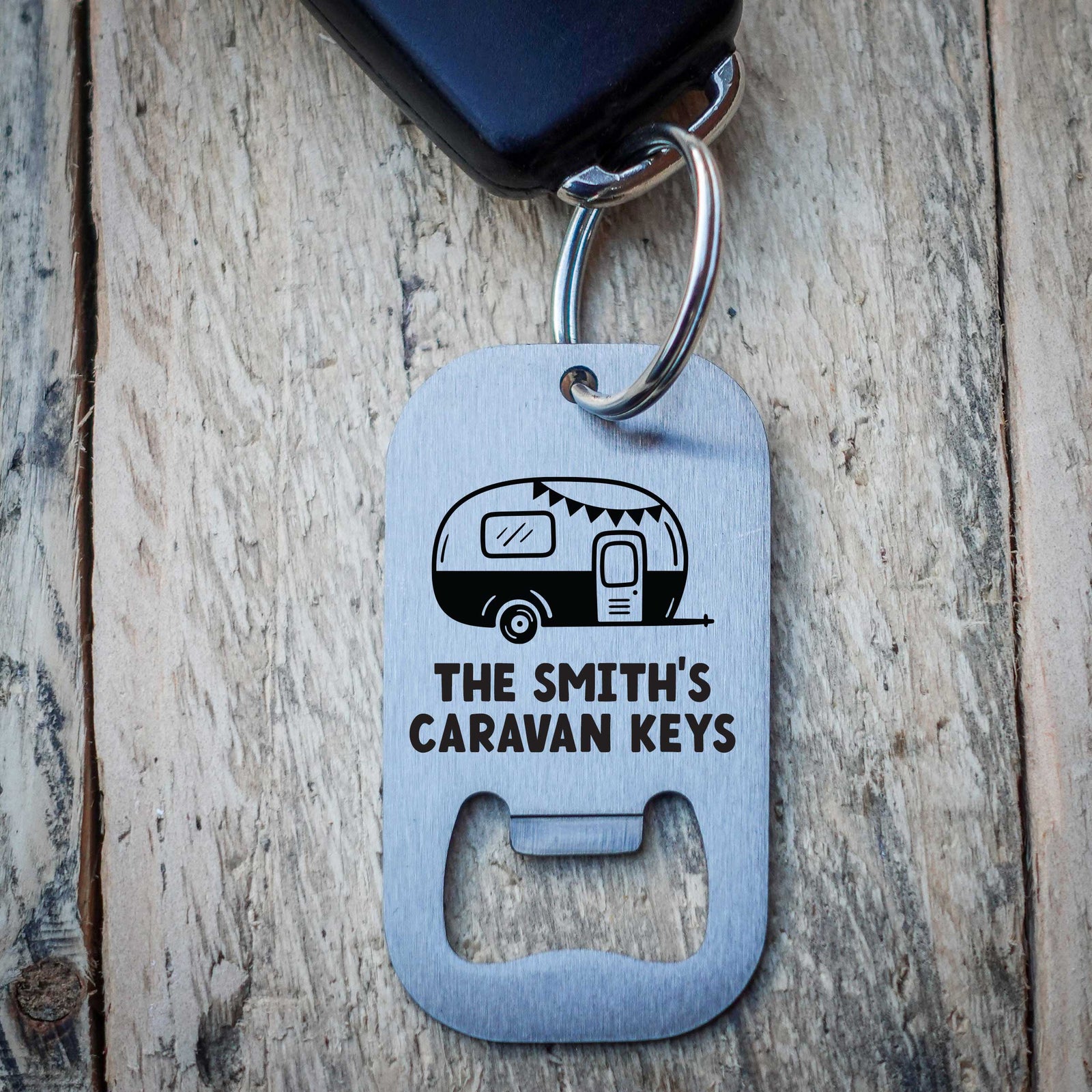 Personalised Caravan Stainless Steel Bottle Opener Key Ring