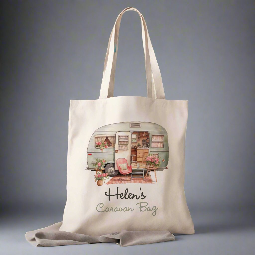 Personalised Caravan Bag – Custom Name Tote with Watercolour Caravan Design