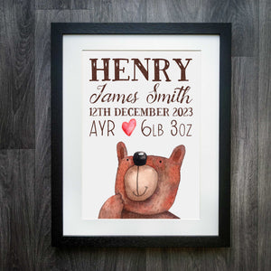 Customisable Bear Smiles Birth Details Print - Personalised Nursery Art