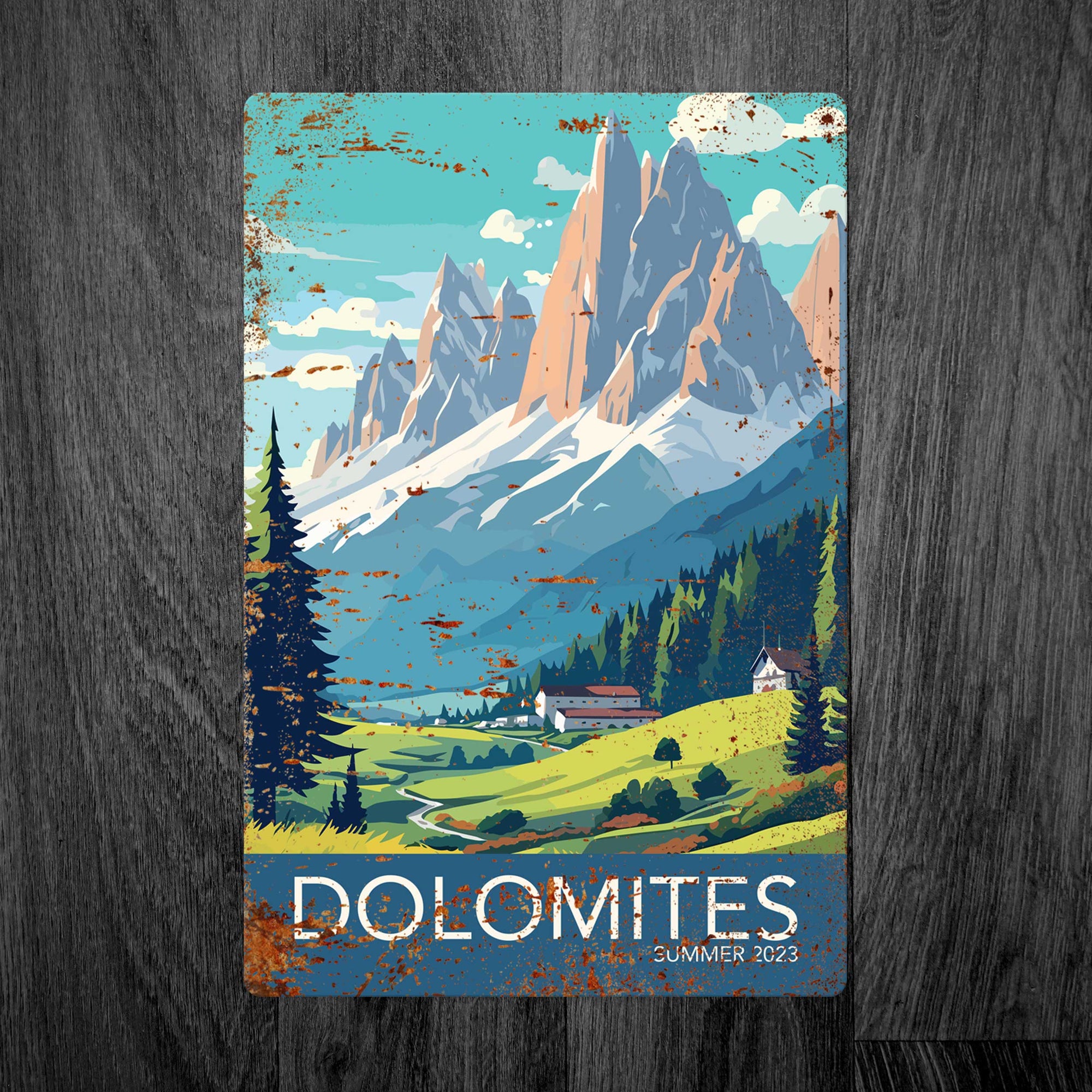Personalised Metal Travel Sign: Capture the Majestic Dolomites Mountains and Valley