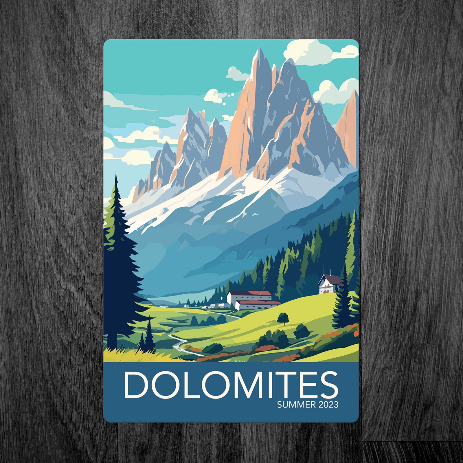 Personalised Metal Travel Sign: Capture the Majestic Dolomites Mountains and Valley
