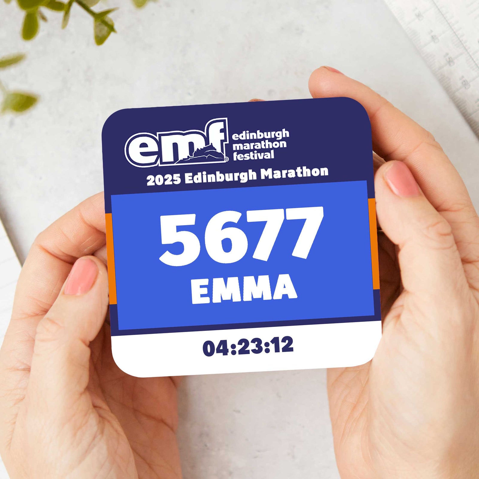 Personalised Edinburgh Marathon Race Number Coaster – Custom Name, Number & Bib Colour