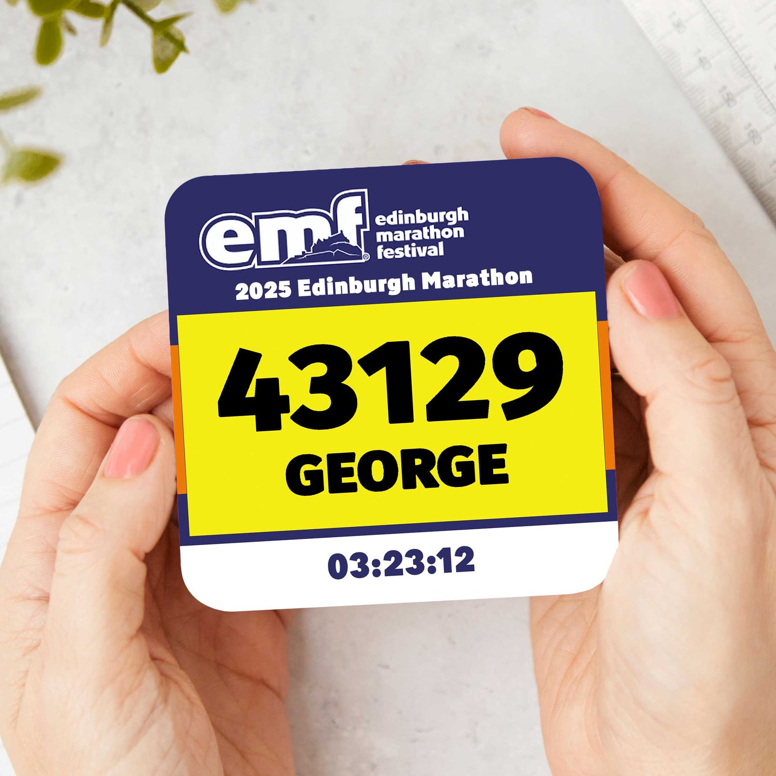 Personalised Edinburgh Marathon Race Number Coaster – Custom Name, Number & Bib Colour
