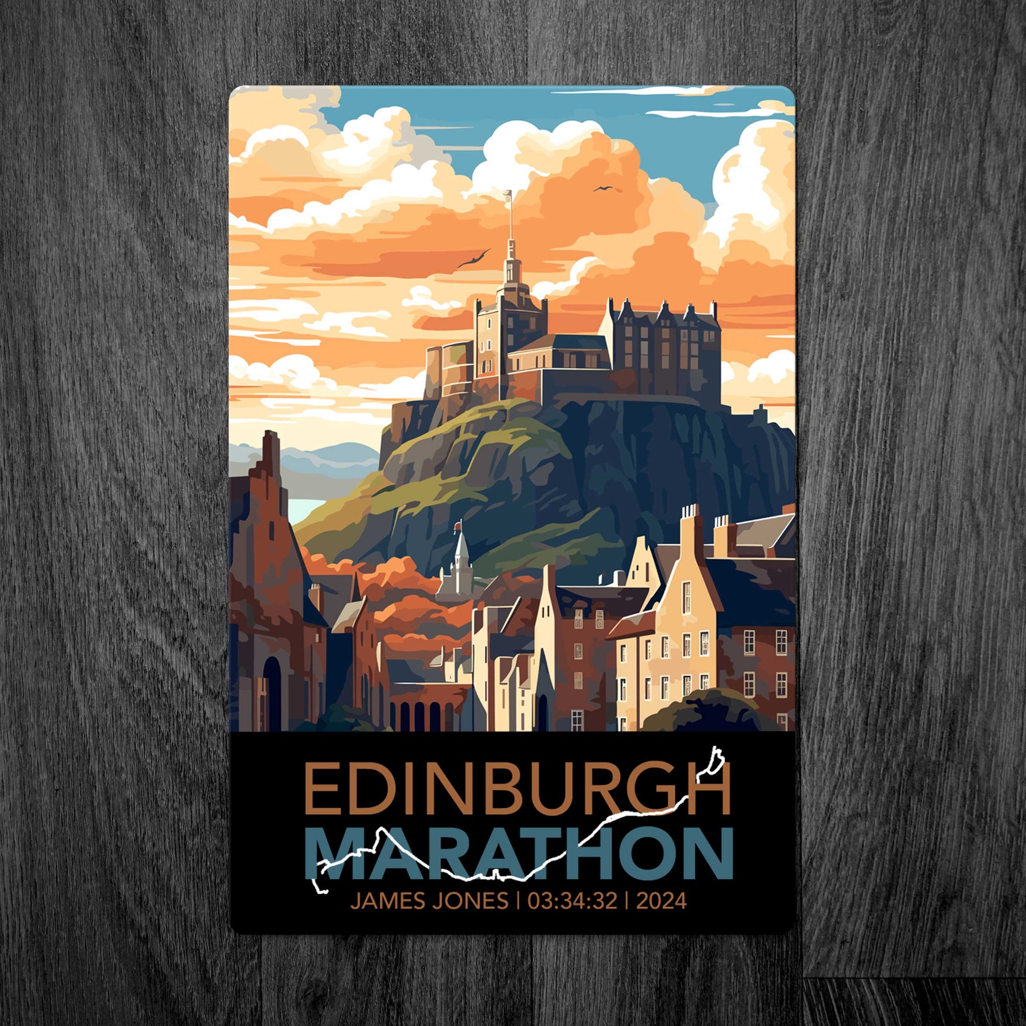 Edinburgh Marathon Travel Tin Sign: Personalised with Your Name, Time and Year