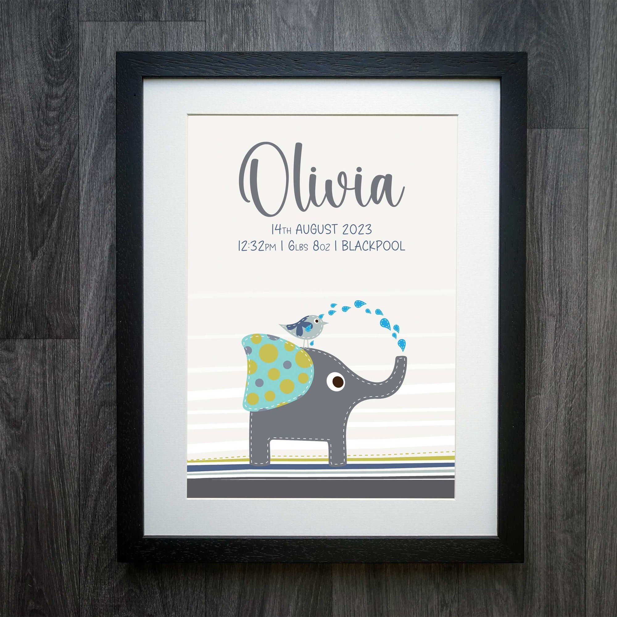 Enchanting Personalised Birth Print: Adorable Elephant and Bird Nursery Art