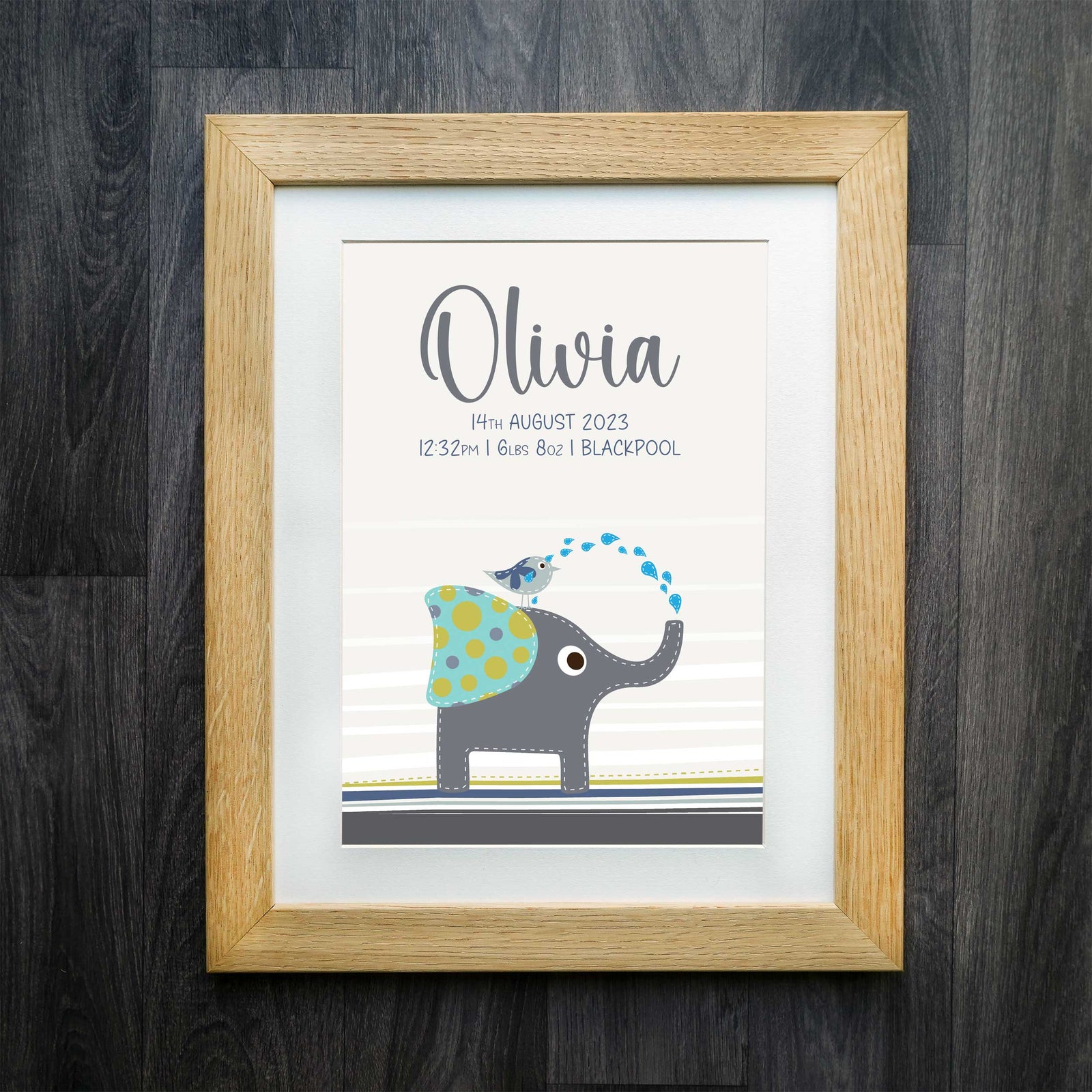 Enchanting Personalised Birth Print: Adorable Elephant and Bird Nursery Art