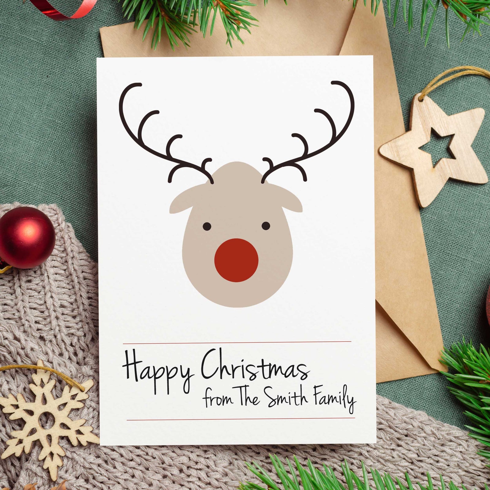 Cute Reindeer Personalised Family Christmas Card