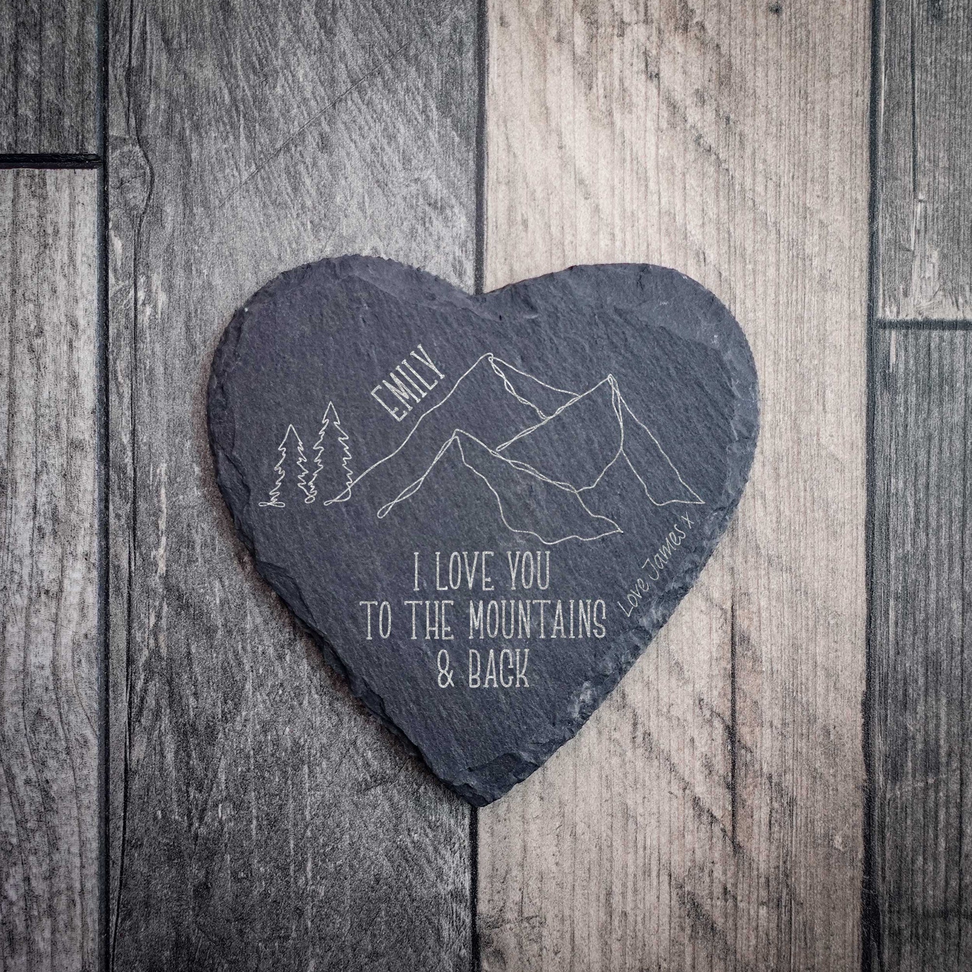 Personalised I Love You To The Mountains & Back Heart Slate Coaster