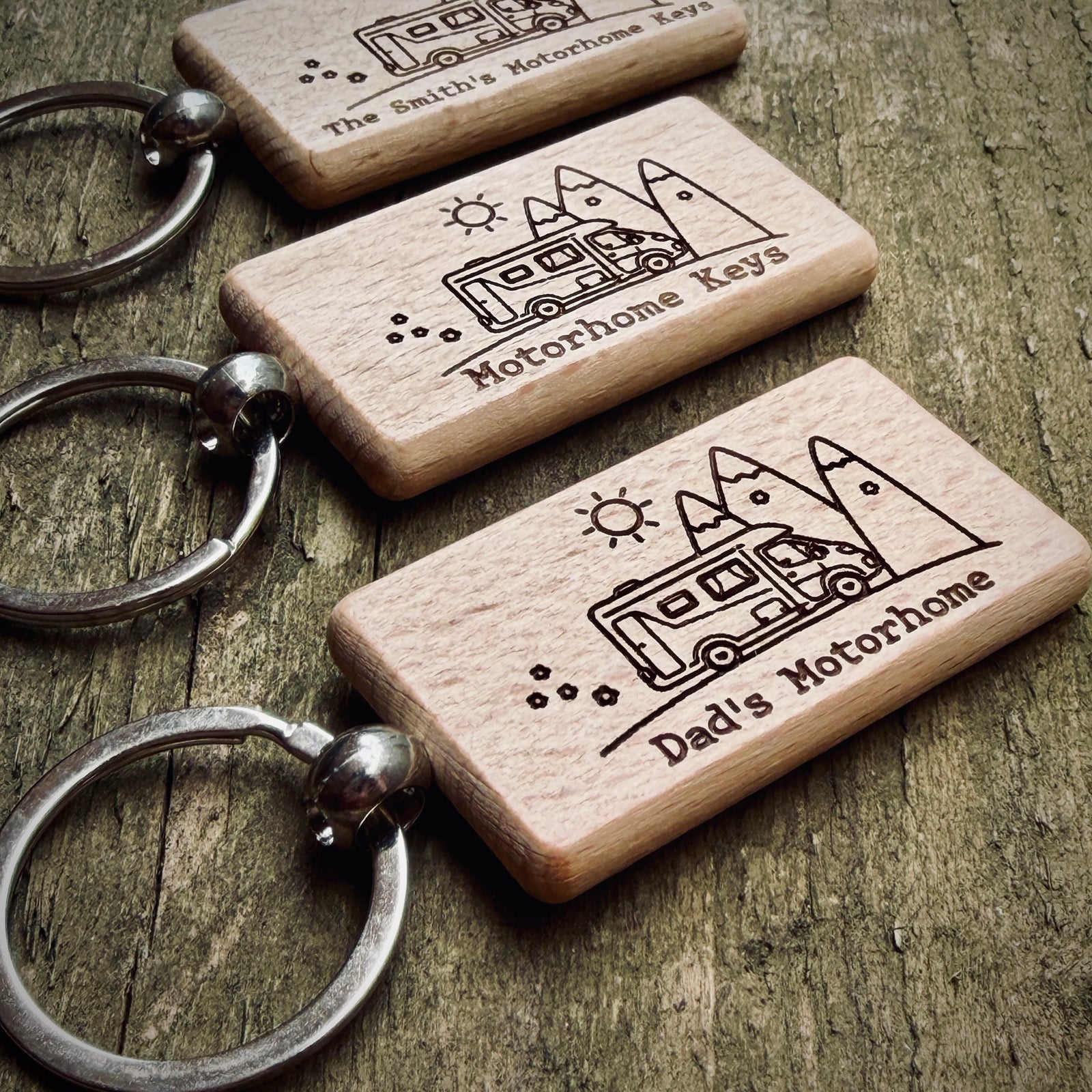 Personalised Motorhome Key Ring – Custom Engraved Wooden Key Ring