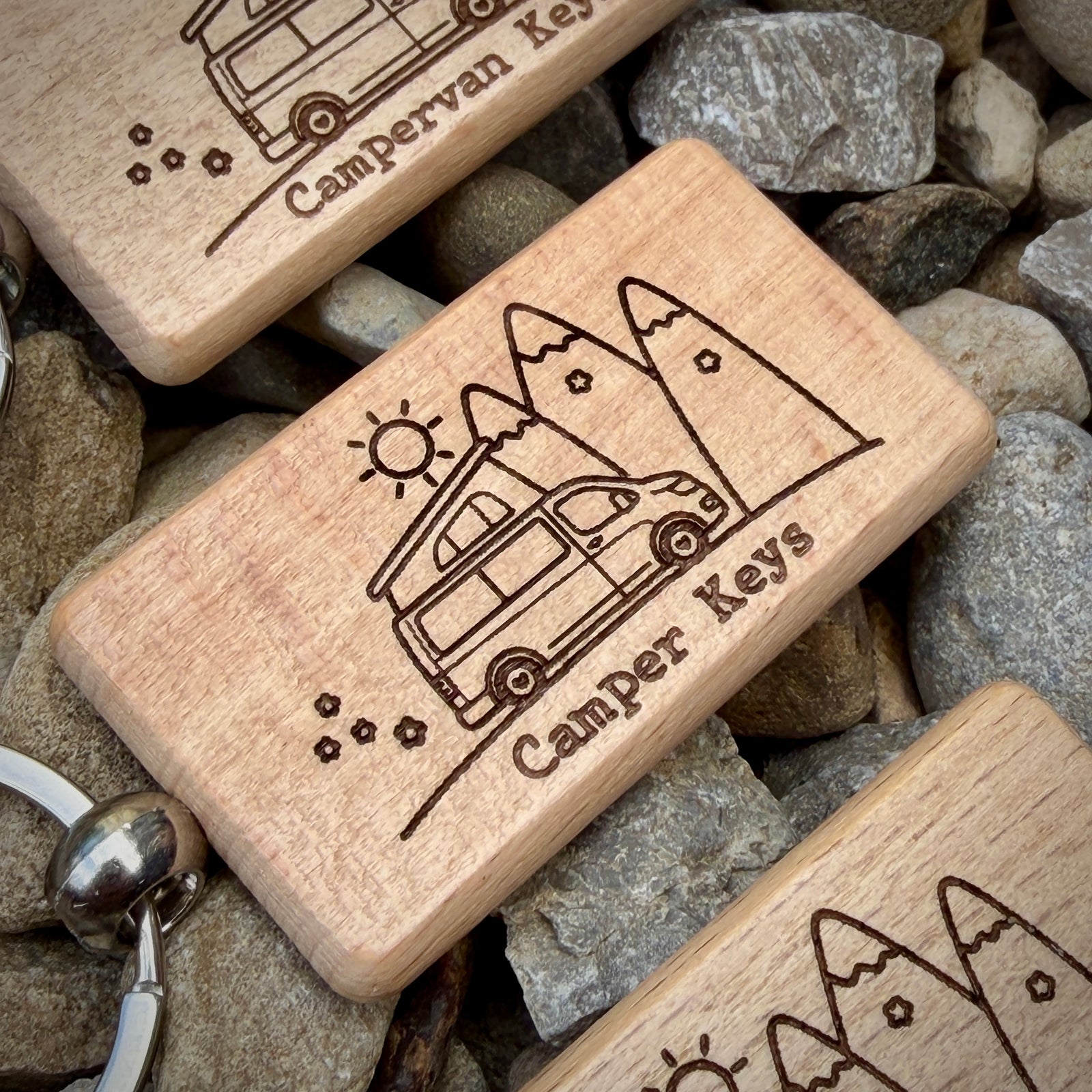 Personalised Pop Top Campervan Key Ring – Custom Engraved Wooden Key Ring