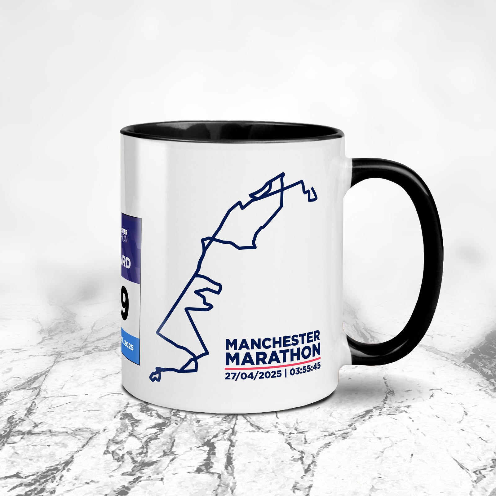 Personalised Manchester Marathon 2025 Mug | Custom Time & Bib Design