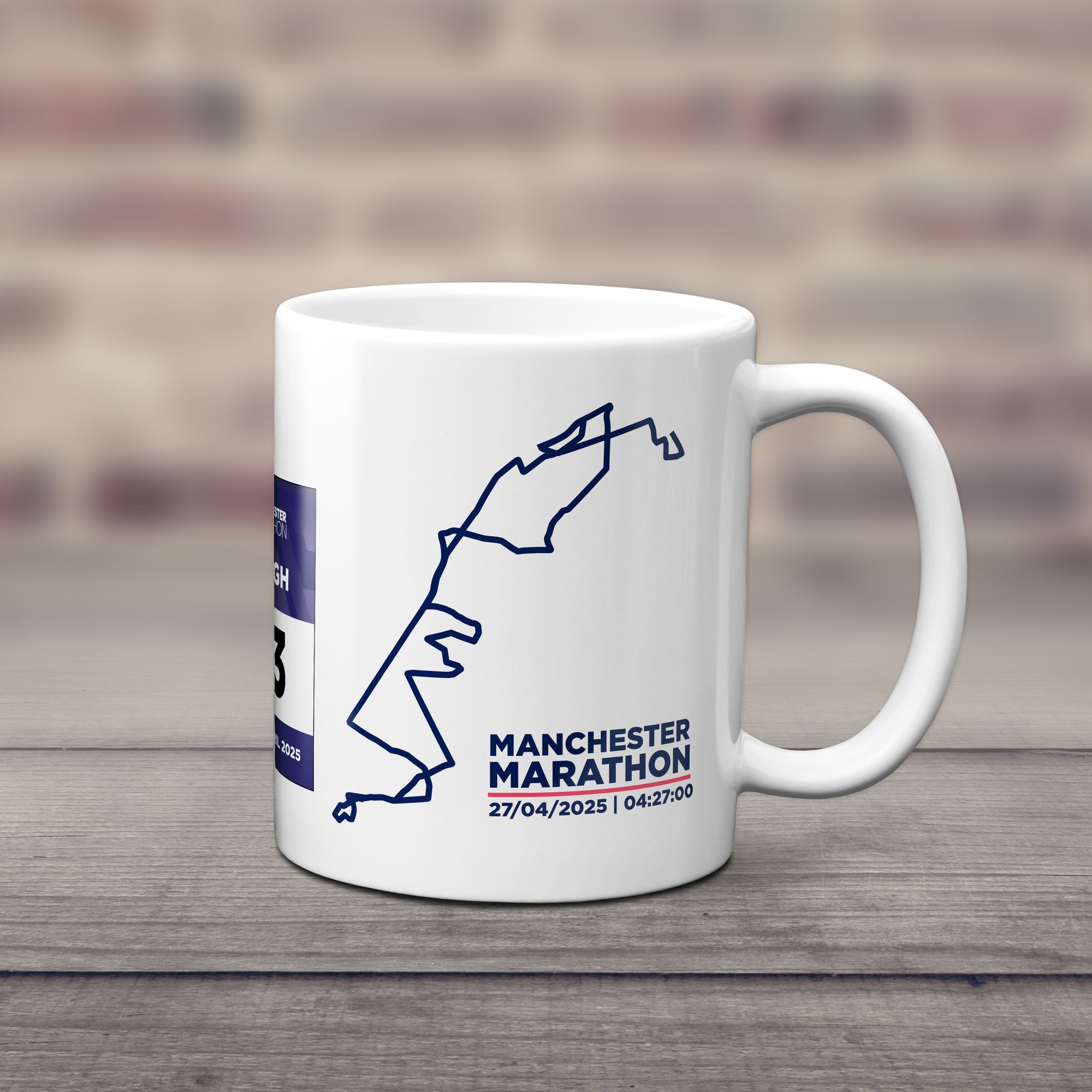 Personalised Manchester Marathon 2025 Mug | Custom Time & Bib Design