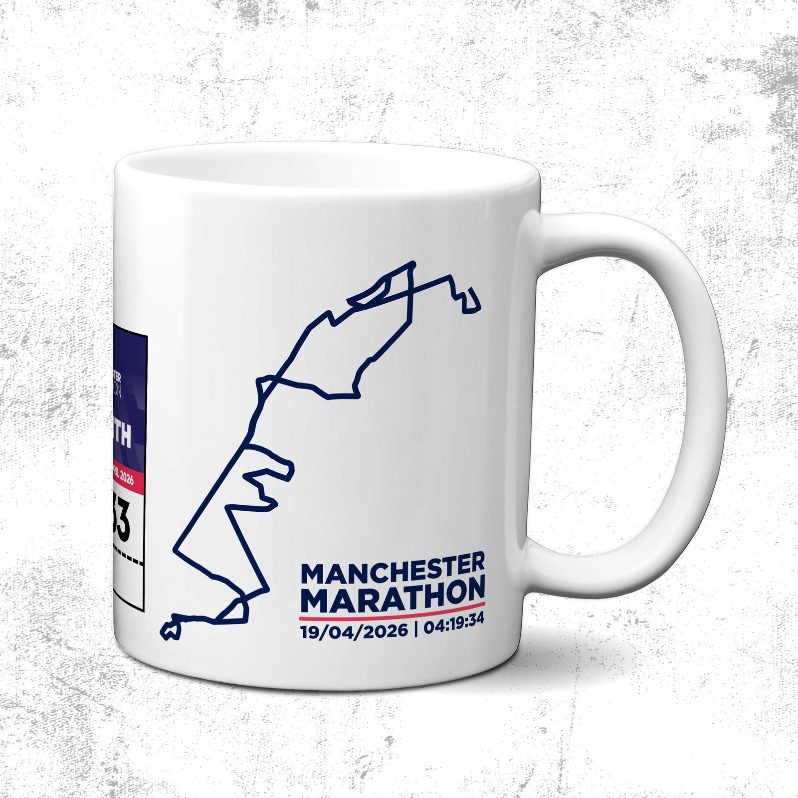 Personalised Manchester Marathon Mug | Custom Time & Bib Design