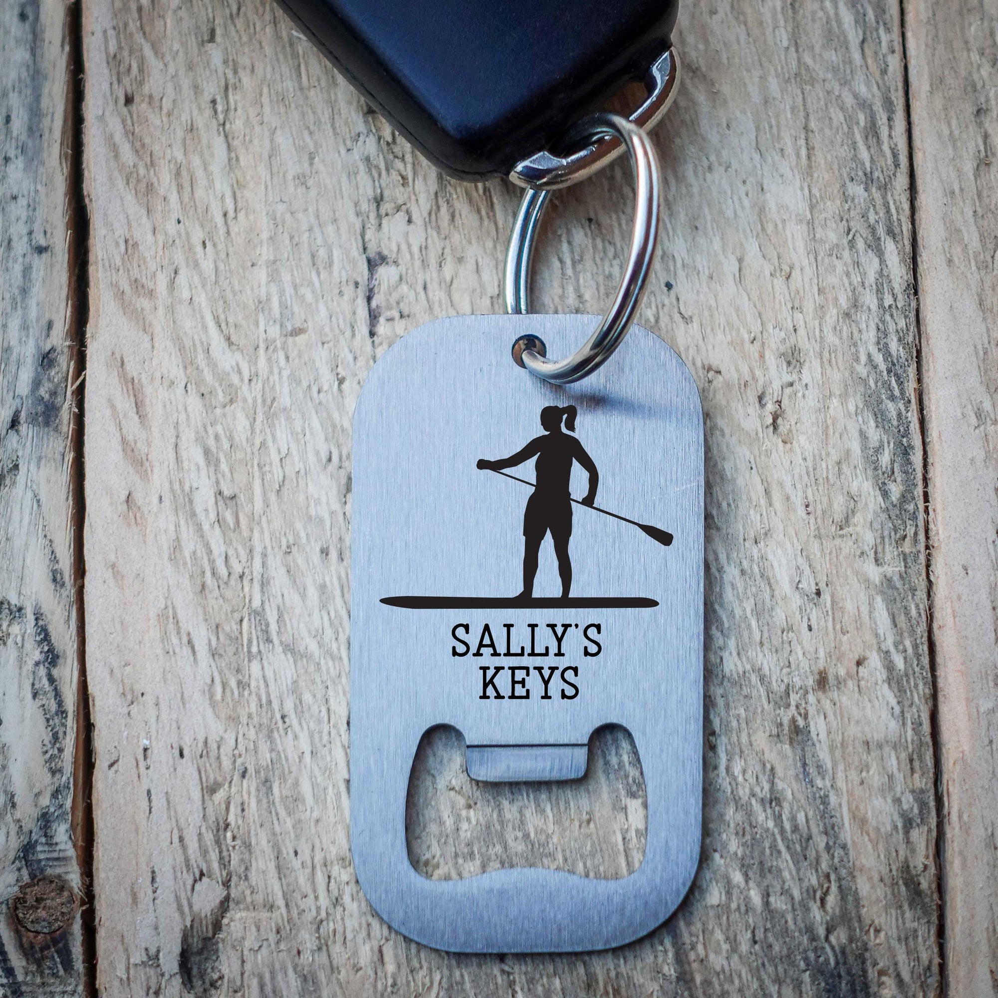 Custom Stainless Steel Paddleboarder Key Ring/Bottle Opener