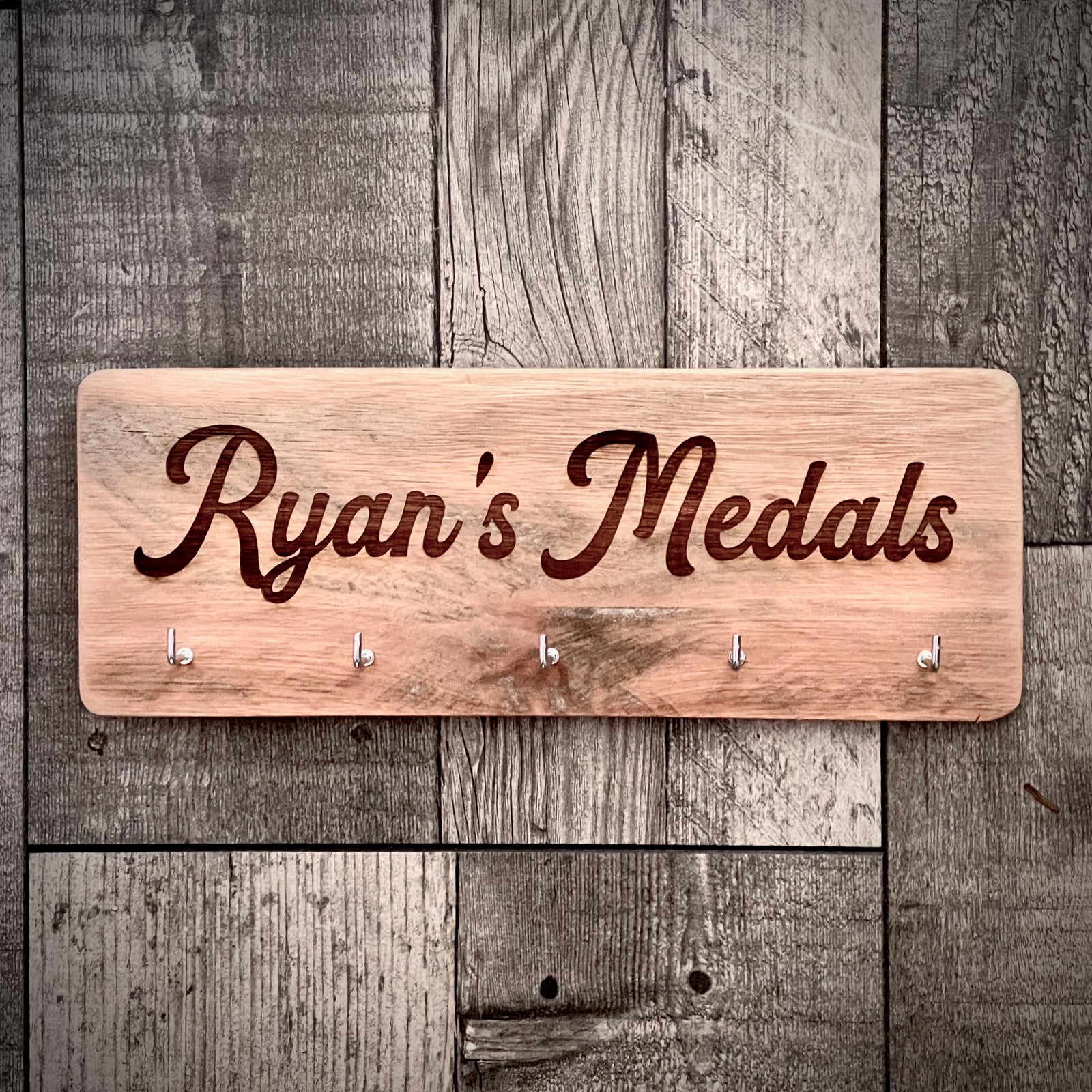Personalised Medal Rack Display – Handmade from Reclaimed Wood (Small)