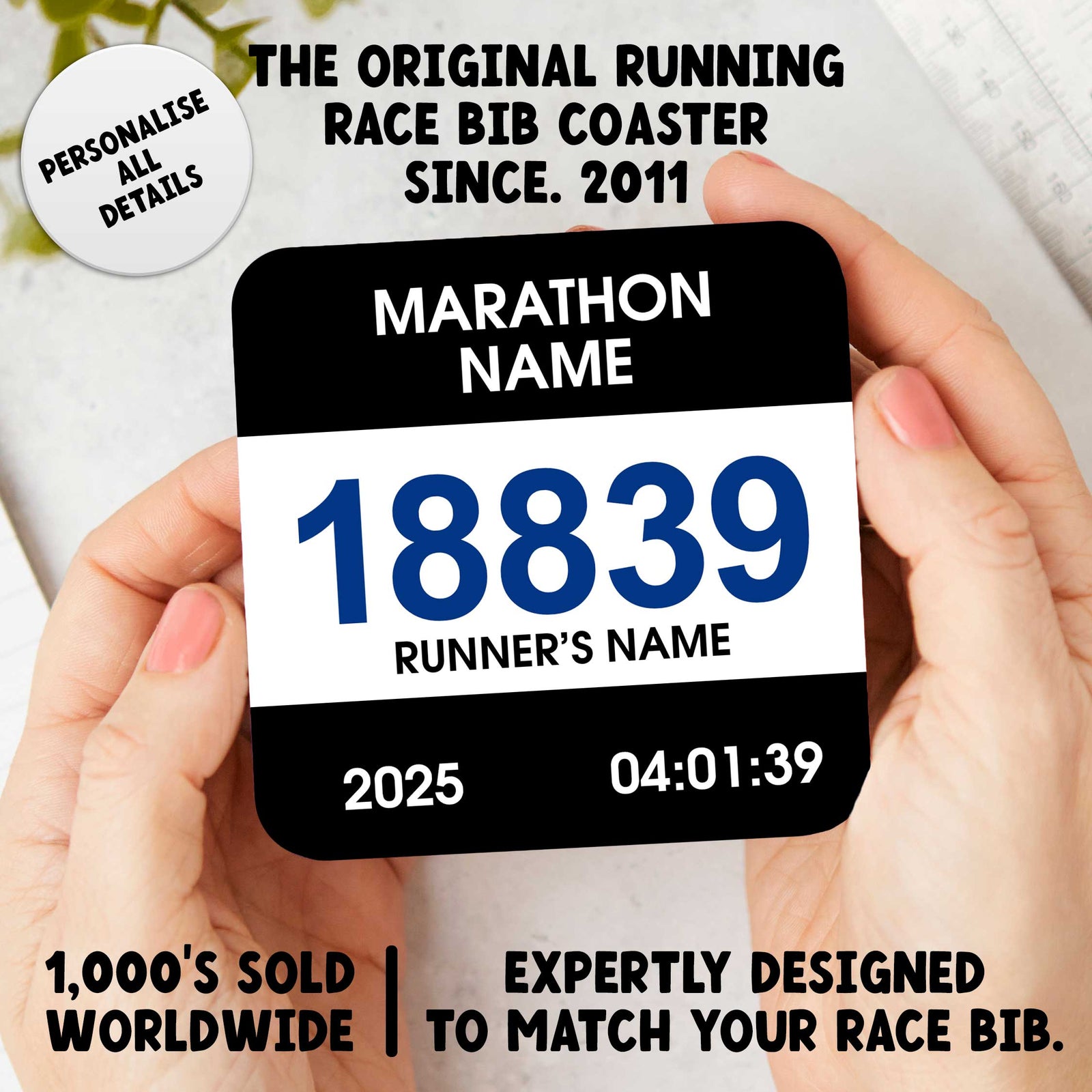 Personalised Running Race Bib Coaster | Premium Cork Backed | EllieBeanPrints Original