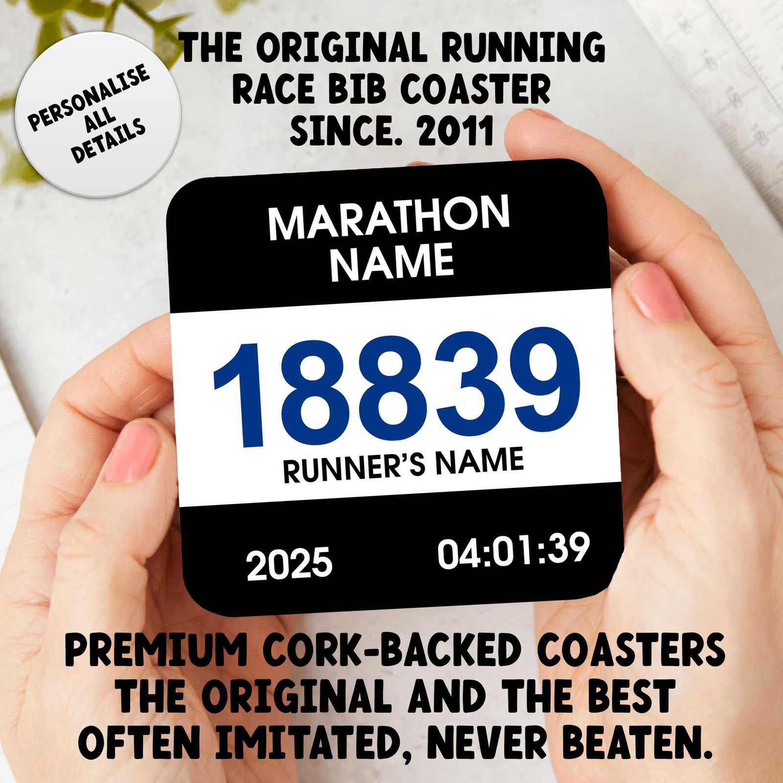 Personalised Running Race Bib Coaster | Premium Cork Backed | EllieBeanPrints Original