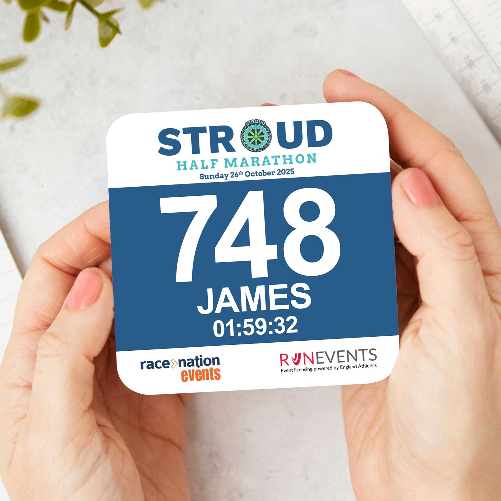 Official Stroud Half Marathon 2025 Personalised Race Bib Coaster