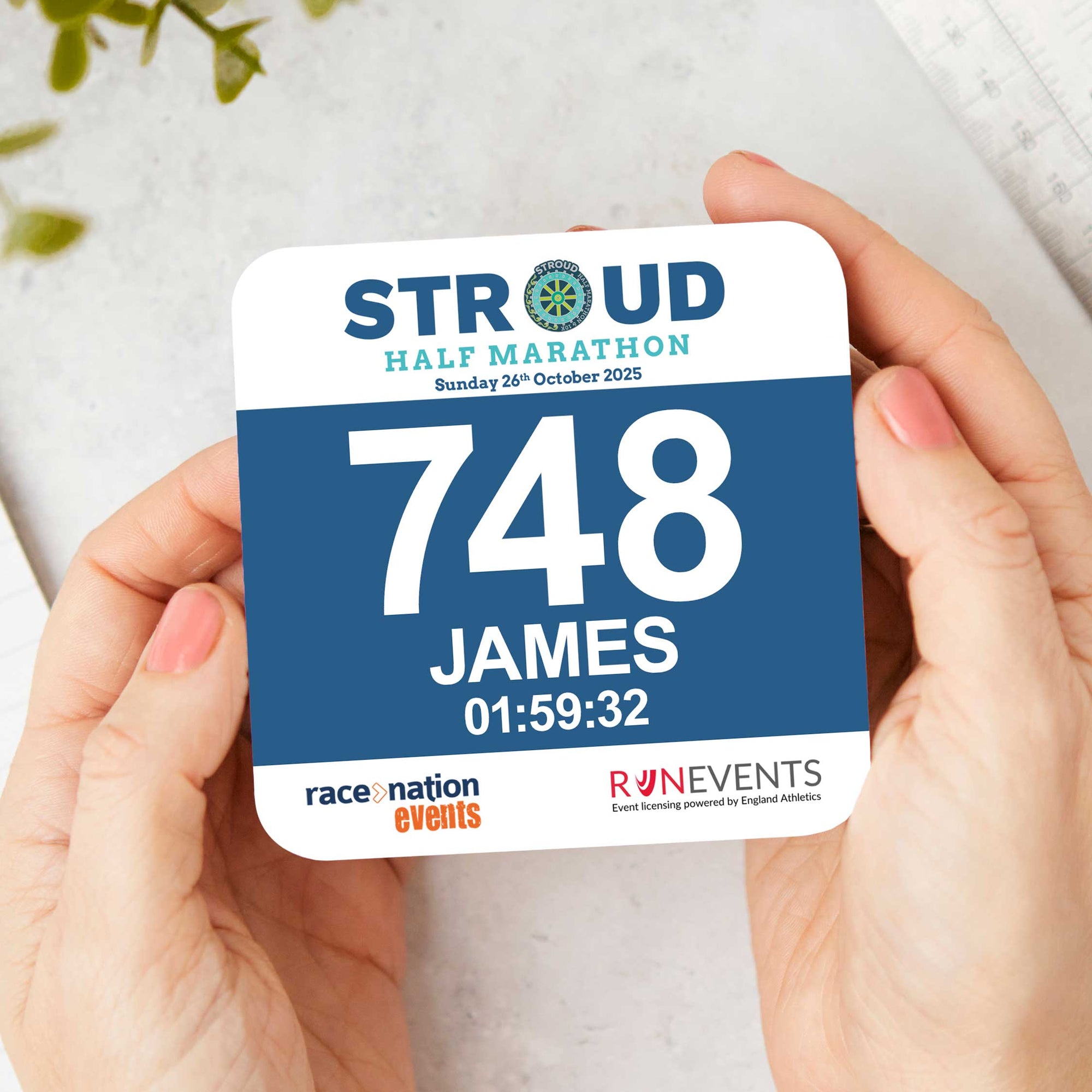 Official Stroud Half Marathon 2025 Personalised Race Bib Coaster