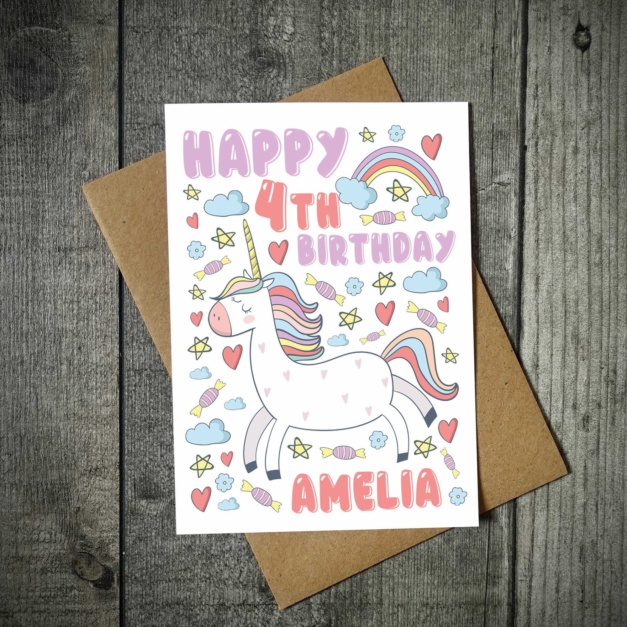 Personalised (Name & Age) Unicorn Rainbow Birthday Card