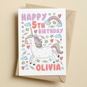 Personalised (Name & Age) Unicorn Rainbow Birthday Card