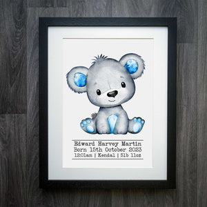 Cute Bear Personalised Watercolour Birth Detail Print: A Snuggly Addition to Any Nursery