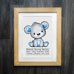 Cute Bear Personalised Watercolour Birth Detail Print: A Snuggly Addition to Any Nursery