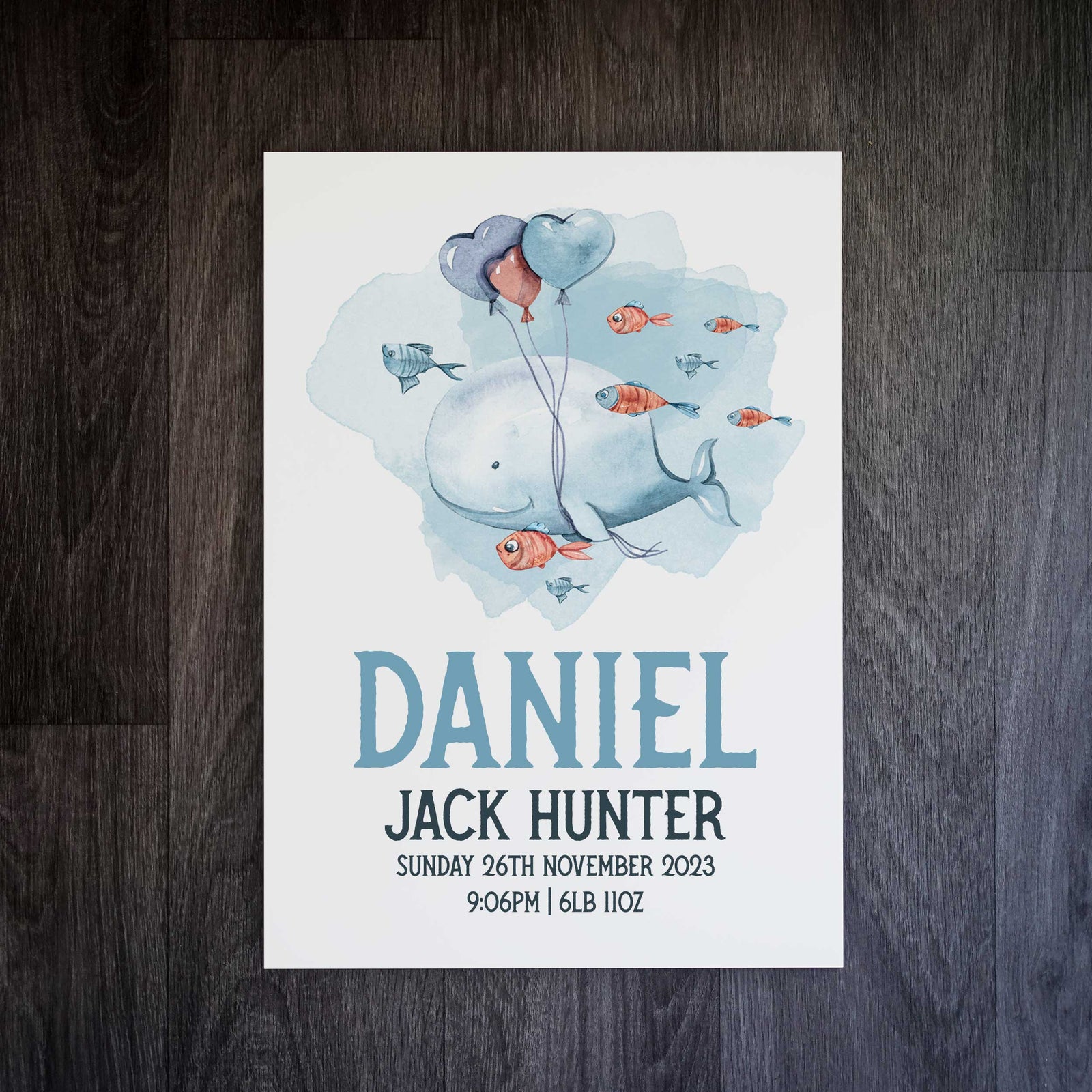 Personalised Whale Love Nursery Print: Perfect Birth Details Gift